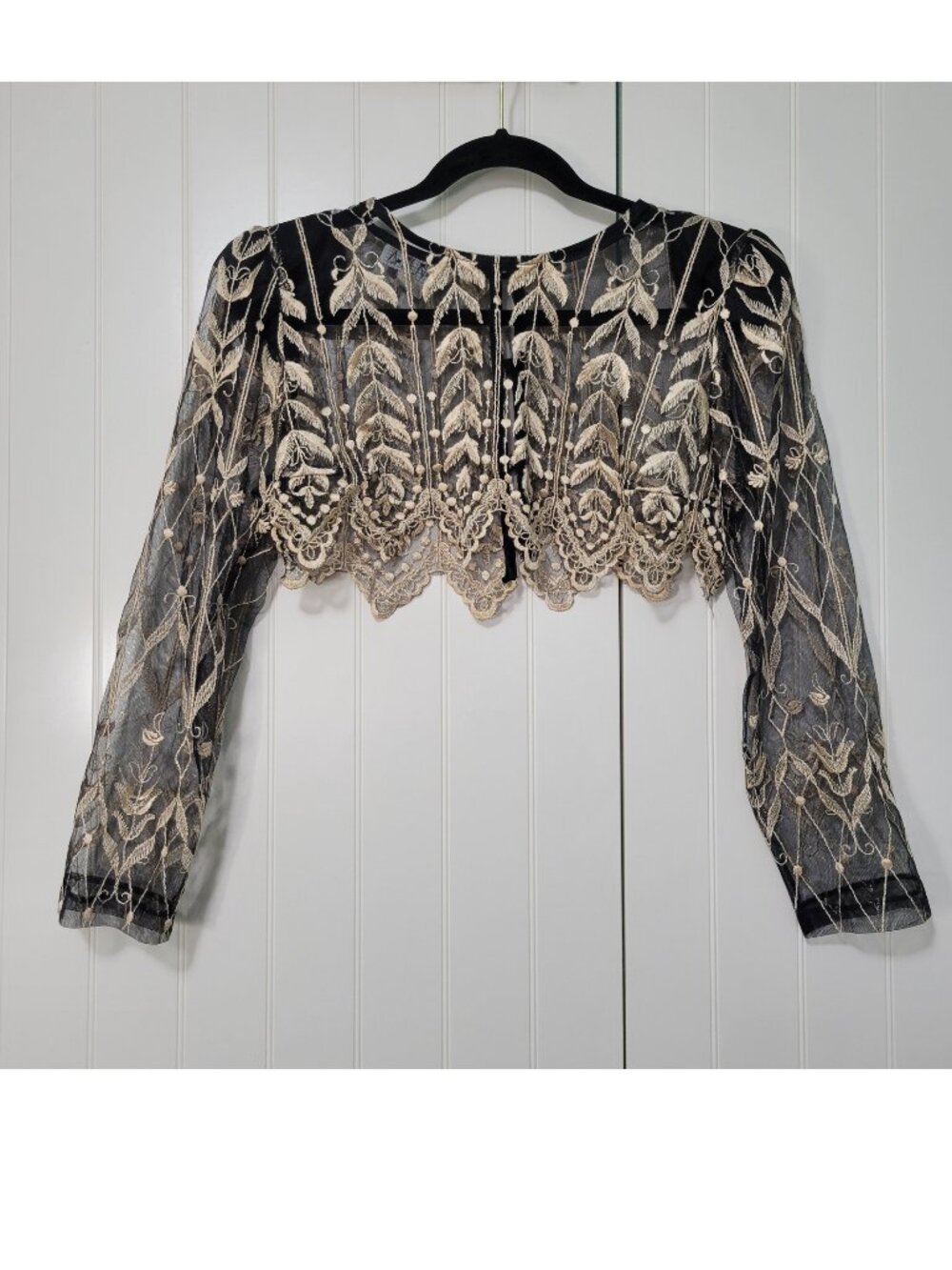 Vtg Sheer Black Micromesh Beige Embroidered Whimsigoth Practical Magic Crop Top